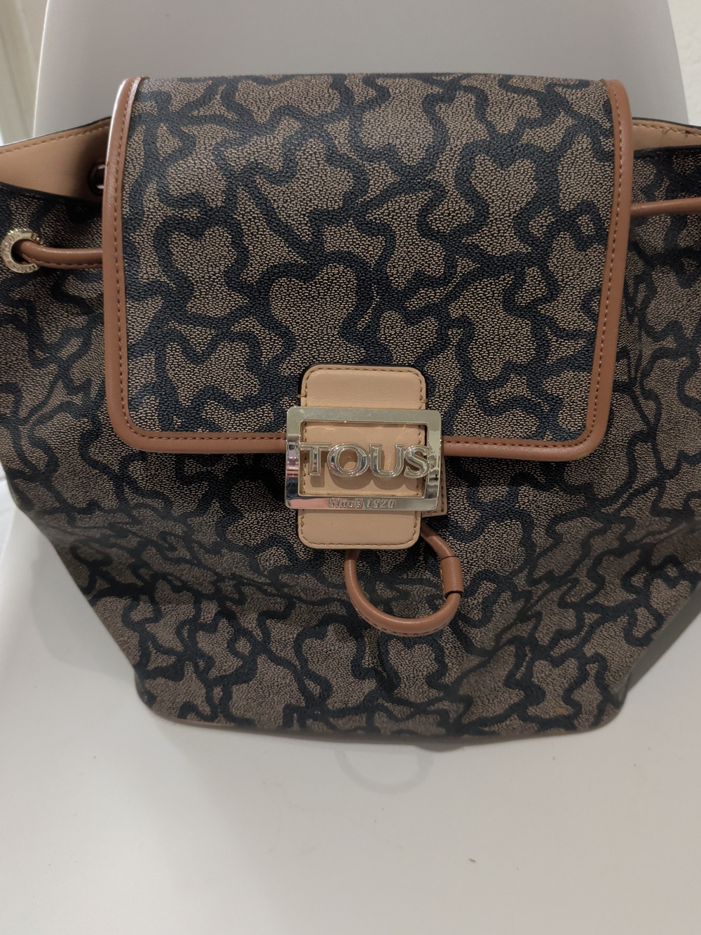 Tous Brown and Black Logo-Print Drawstring Backpack with Gold Plaque